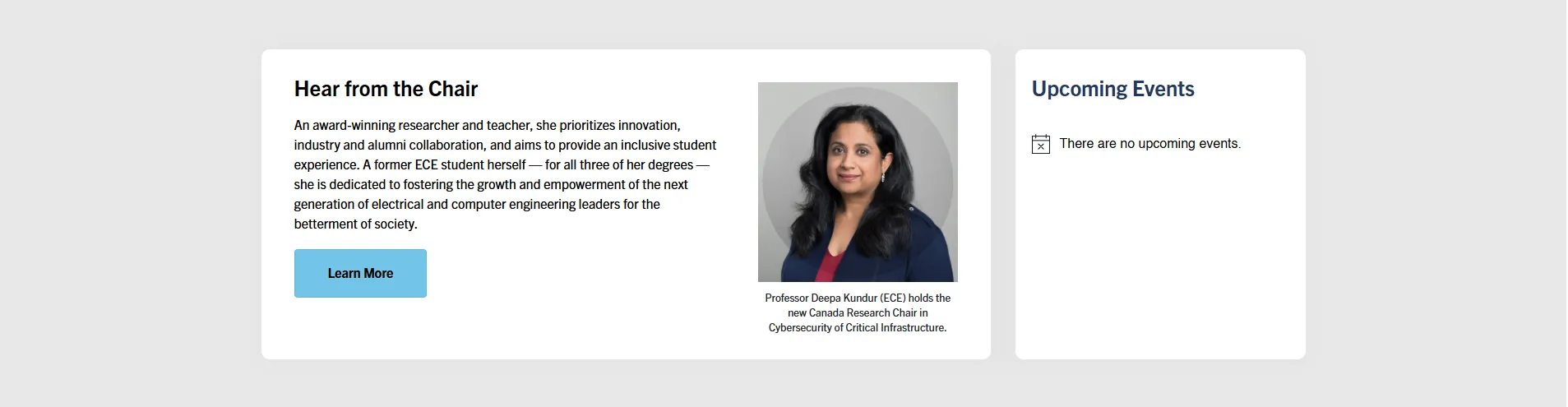 The rebuilt ECE events section — contextual layout integrated into the homepage as a recruitment asset